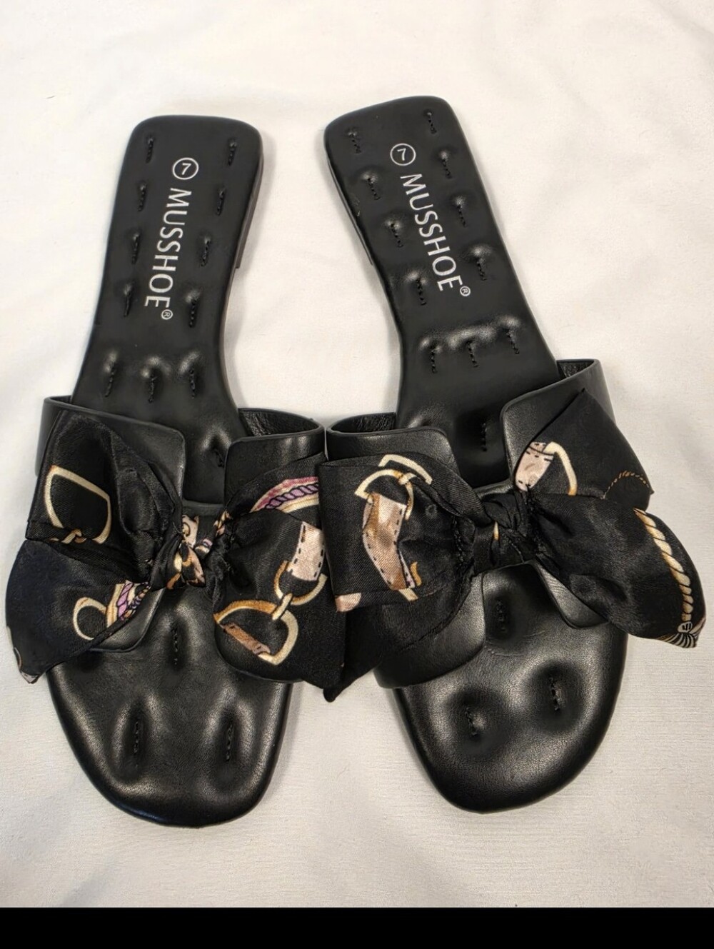 MUSSHOE Black Leather Slide Sandals Ribbon Bow Flat Size 7